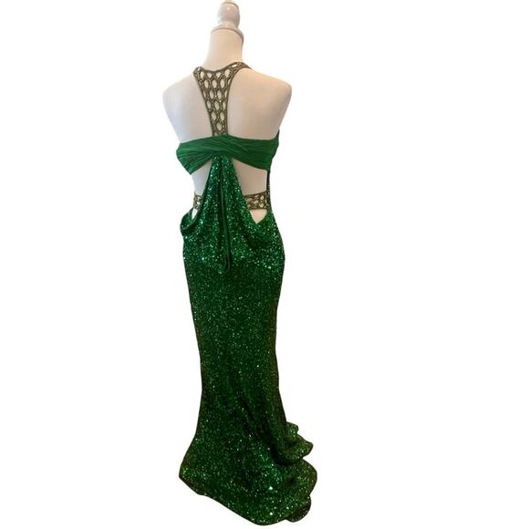 SCALA 100% SILK TOP SEQUINED BEADED NECK FLOOR LENGTH GREEN GOWN WOMENS SIZE 5 - Picture 2 of 15